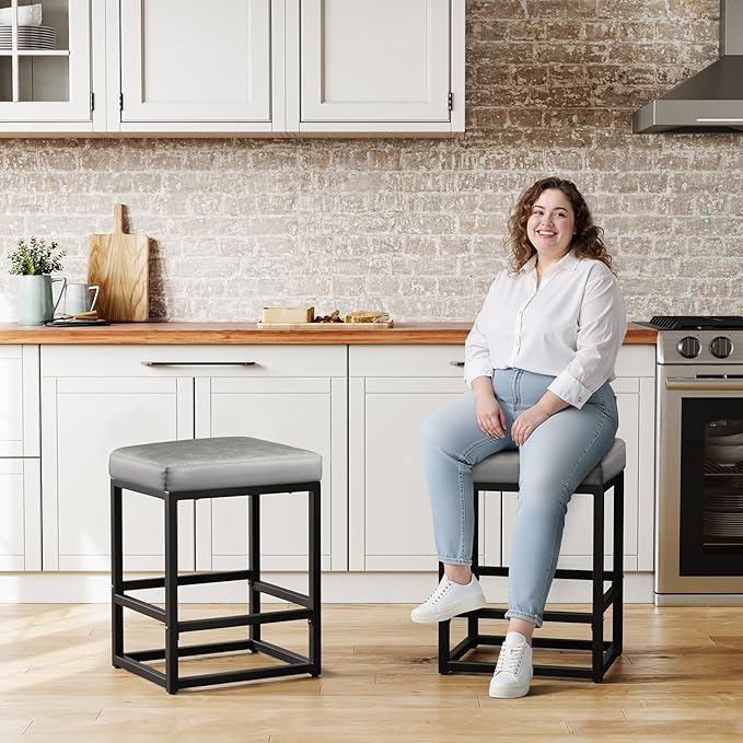 Counter Height Bar Stools Set of 3, Faux Leather Counter Stools - Image 4