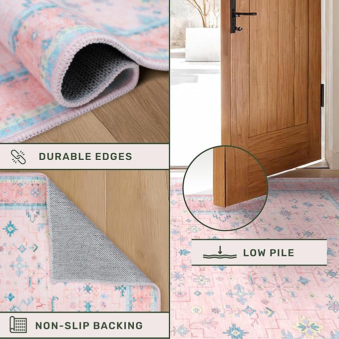 Washable Pink and Blue 8x10 Oushak Rugs - Image 5
