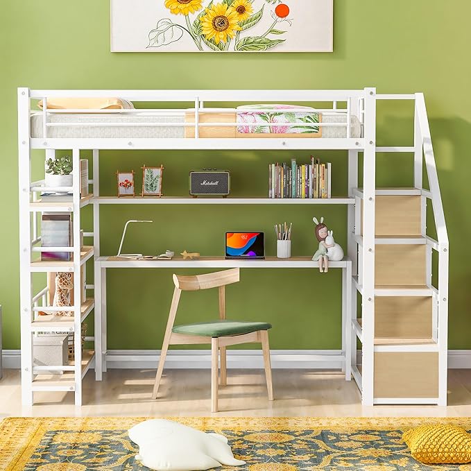 Twin Size Metal Loft Bed with Staircase, Full-Length Guardrails, a Built-in - Image 3
