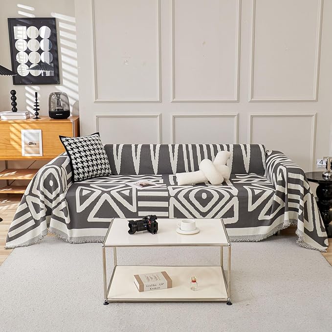 HANDONTIME Reversible Sofa Cover Boho Geometric Couch Cover by HANDONTIME