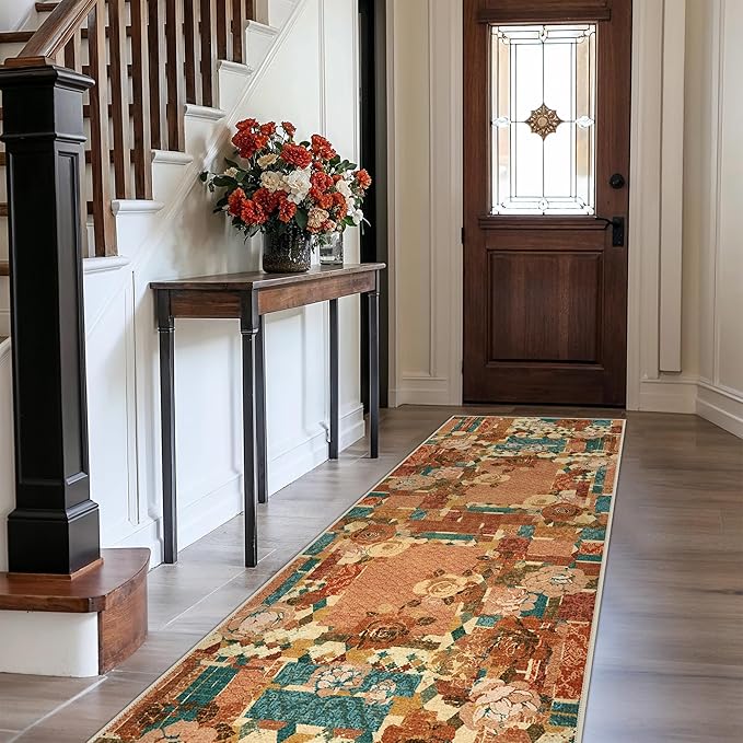 GENIMO Floral Runner Rug 2'6''x8, Machine Washable Non Slip Vintage Patchwork - Image 3