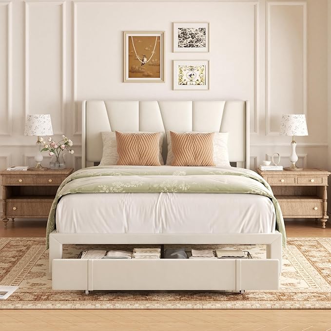 Queen Bed Frame with Storage Drawers, Upholstered Platform Bed with Headboard - Image 3