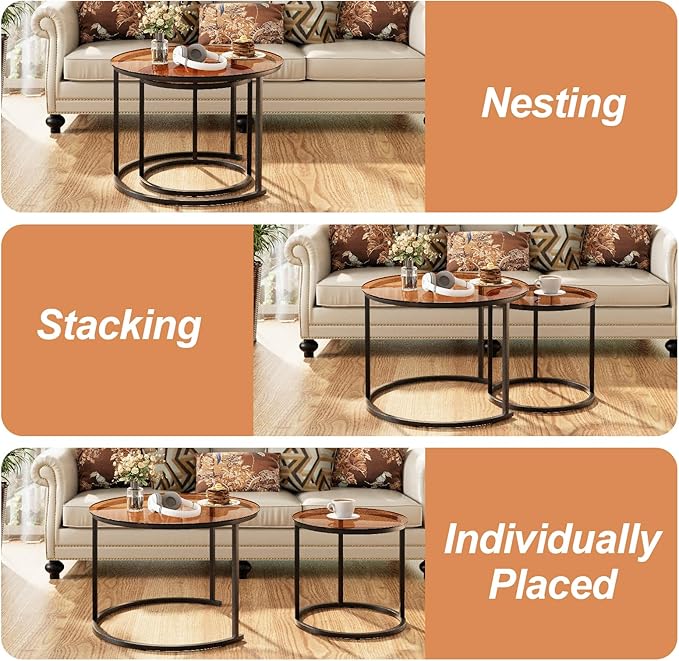 aboxoo Nesting Coffee Table Set of 2, Small Round Glass Nesting Tables - Image 7