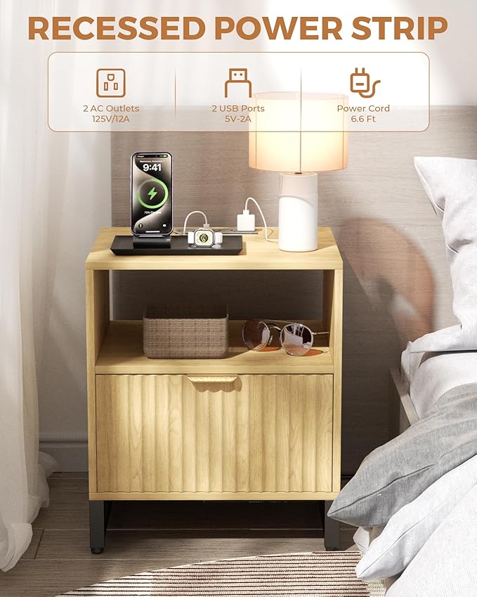 Fluted Night Stand Set 2 with Charging Station, Wood Nightstand with Large - Image 4