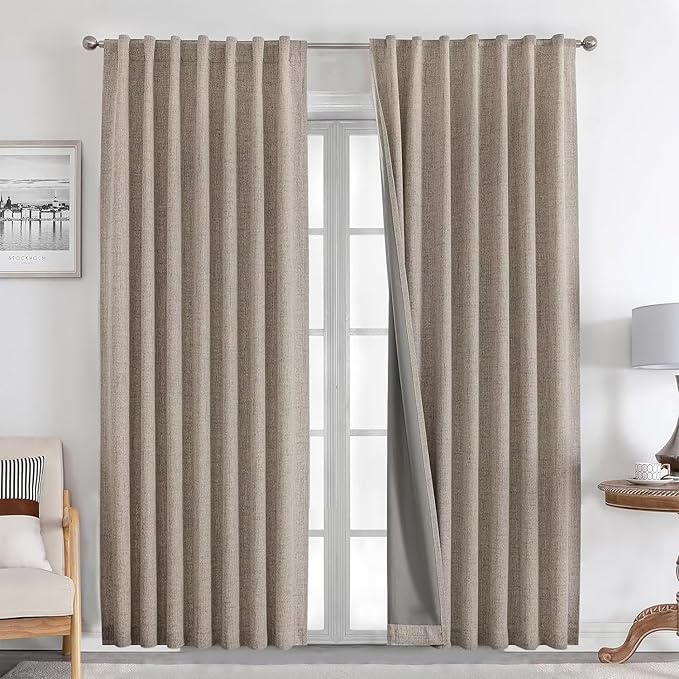 Joydeco Natural Linen Curtains 84 inch Length 2 Panels Set Burg 100% Blackout by JOYDECO