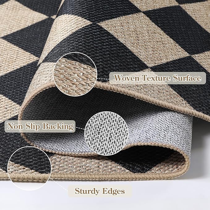 Lahome Checkered Outdoor Runner Rug, 2x8 Kitchen Runner Rugs - Image 3