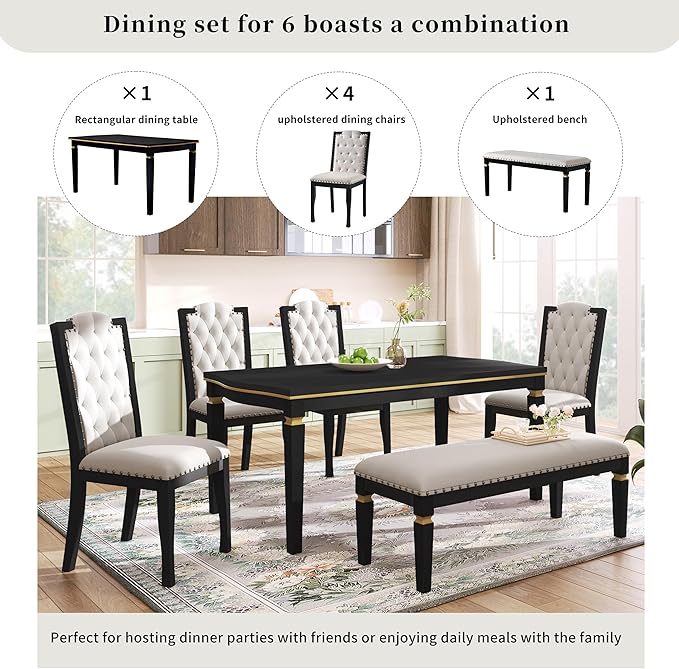 Ball & Cast Dining Table Set for 6, Kitchen Table W/ 4 High-Back Tufted Chairs - Image 6
