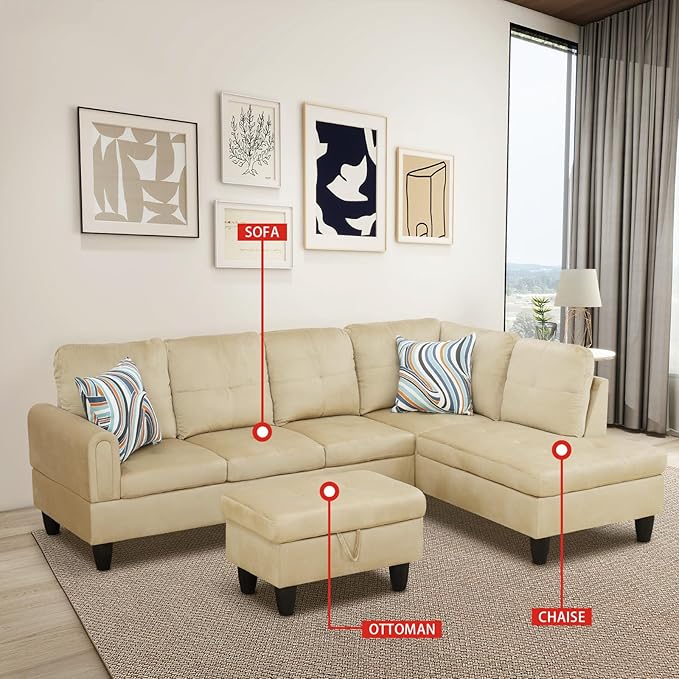 Beige L-Shaped 3-Piece Flannel Sofa - Image 3