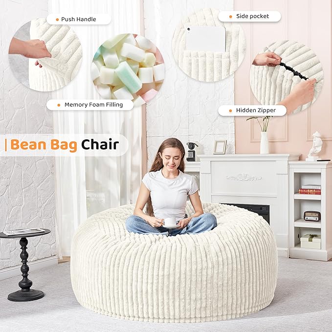 HABUTWAY 4FT Bean Bag Chair, Memory Foam Beanbag Chair - Image 3