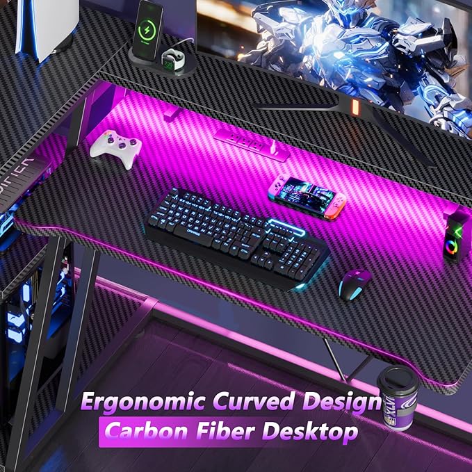 47 Inch Gaming Desk with Power Outlet & LED Lights, Corner Computer Desk with 3 - Image 8