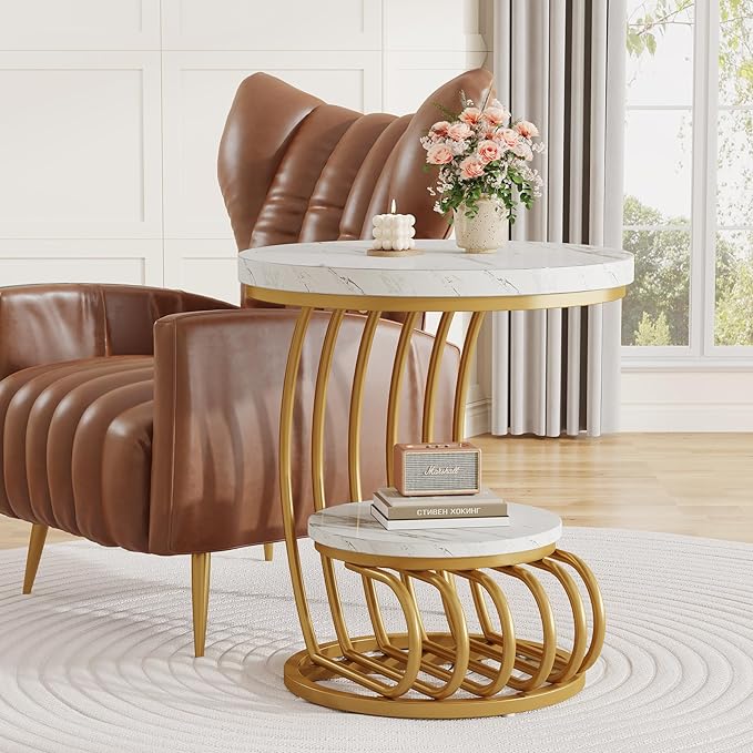 Tribesigns Gold Round End Table: 2 Tiers Faux Marble Side Table - Image 4