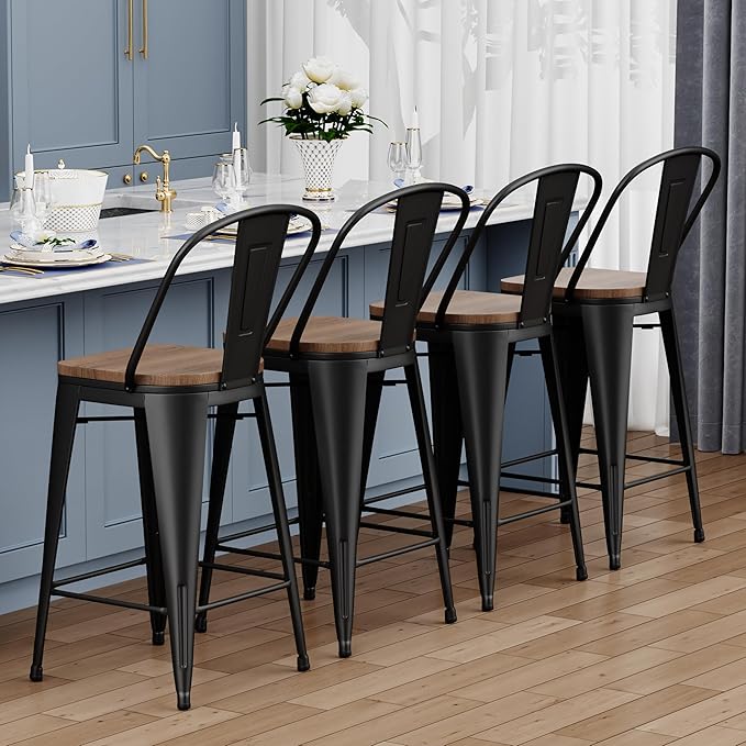 Yongqiang 26 inch Bar Stools Set of 4 High Back Metal Kitchen Counter Height - Image 4