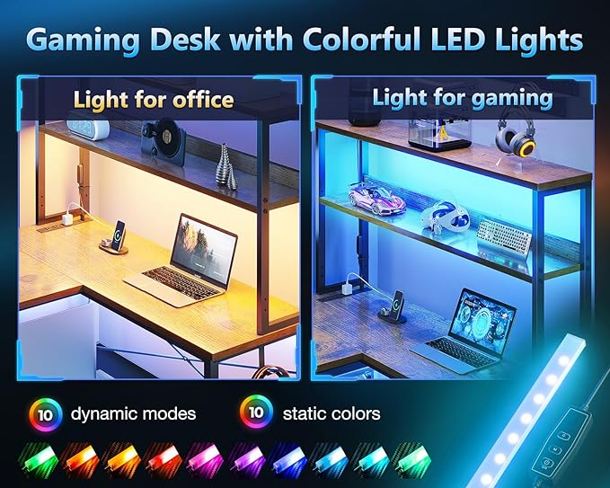 Casaottima Gaming Desk with Power Outlets & LED Lights, 53 Inch Reversible L - Image 4