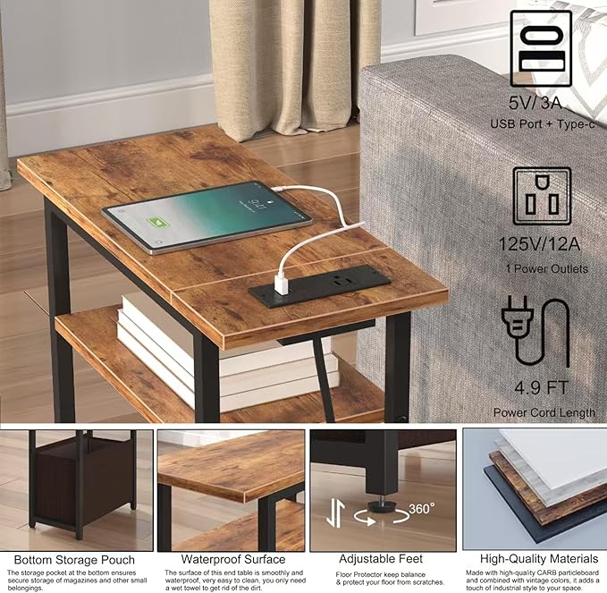 Narrow Side Table with Charging Station, Small End Table - Image 5