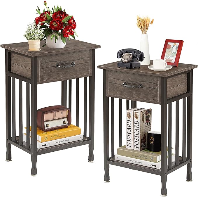 VECELO Nightstands Set of 2, Industrial Side Table/End Tables by VECELO