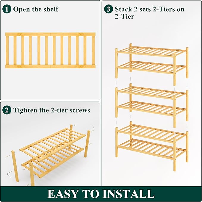 Smiry Shoe Rack, 6 Tier Bamboo Shoe Organizer, Stackable Free Standing Wooden - Image 6