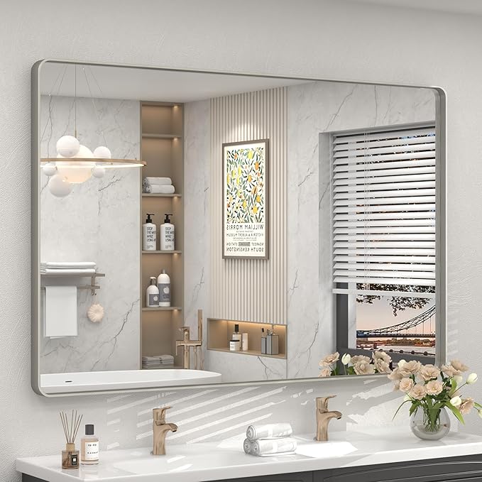 55x40 Silver Brushed Nickel Bathroom Mirror by CHARMOR