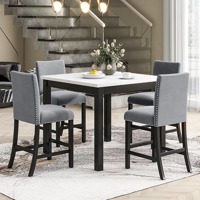 5 Pieces Dining Table Set with 35" Rectangle Faux Marble Top Table, Living Room by Unknown