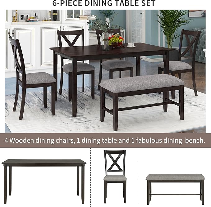 6 Pieces Dining Table Set with 60" Rectangle Kitchen Desk, Living Room - Image 4