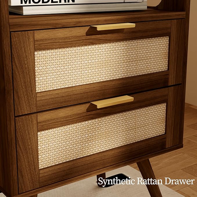 Rattan Nightstand with Charging Station, Farmhouse Bedside Table with 2 Storage - Image 6