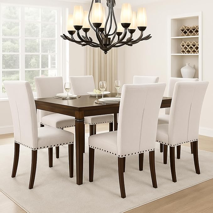 Set of 6 Beige Upholstered Dining Chairs, Farmhouse Kitchen Chairs by COLAMYINC