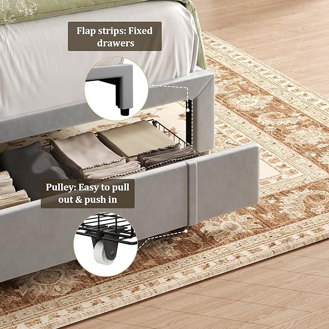 Queen Bed Frame with Storage Drawers, Upholstered Platform Bed with Headboard - Image 5