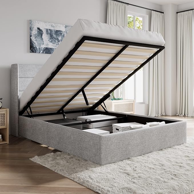 SHA CERLIN Queen Size Lift Up Storage Bed/Modern Wingback Headboard/Upholstered by SHACERLIN