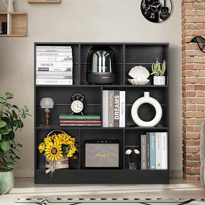 YAHARBO Black Wide Bookshelf, 3 Tier Modern Horizontal Bookcase, Wood Low - Image 5