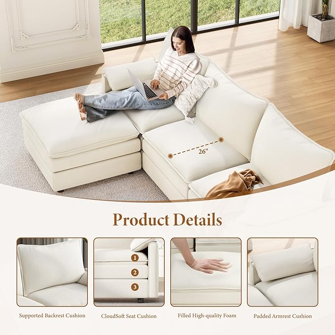 Vesgantti 142" U Shaped Sectional Couch, Comfy Cloud Modular Sectional Sofa - Image 4