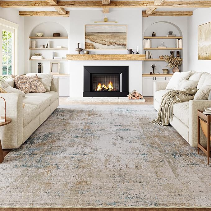 8x10 Washable Area Rug Beige Blue Neutral Abstract Living Room Bedroom Large by WondRg
