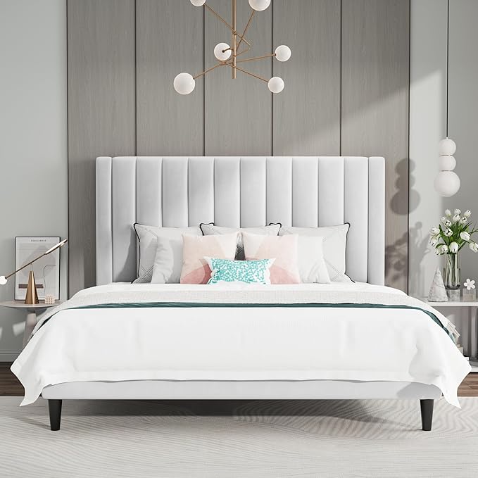 SHA CERLIN Queen Bed Frame/Velvet Upholstered Platform Bed Frame - Image 3