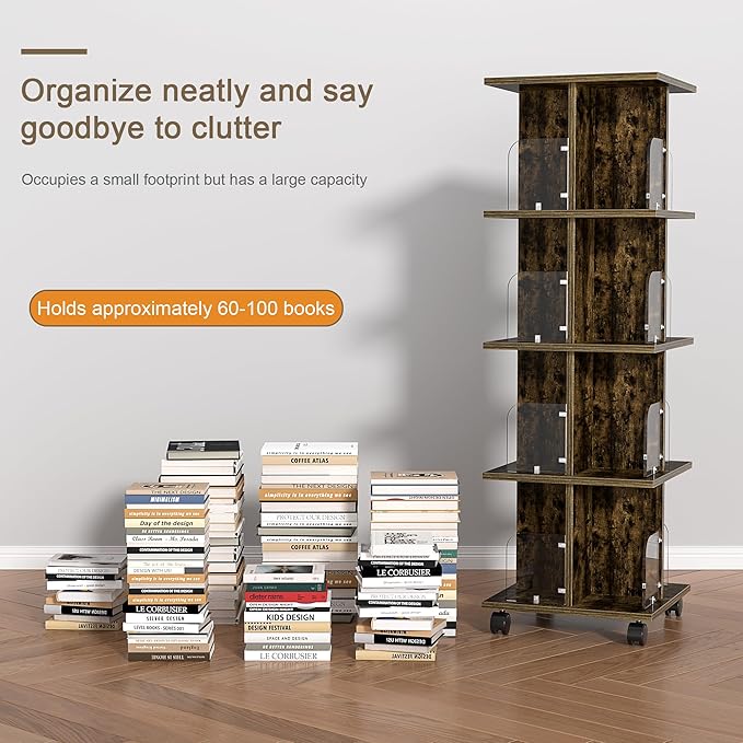 VECELO Rotating Bookshelf with Brake Wheels, 360°Display 4 Tier Floor Stackable - Image 7