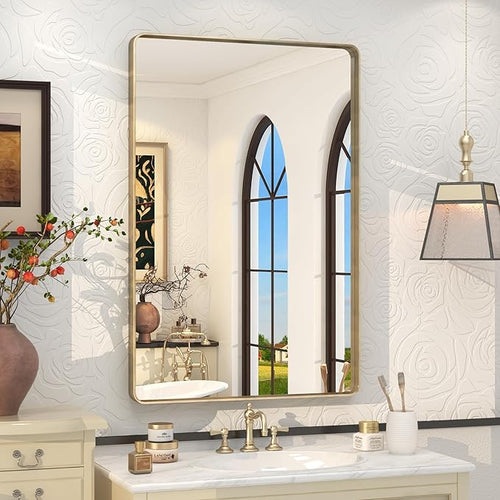 24x36 Inch Gold Framed Bathroom Mirror, Brushed Gold Metal Vanity Mirror by VANLIOBathroomMirror
