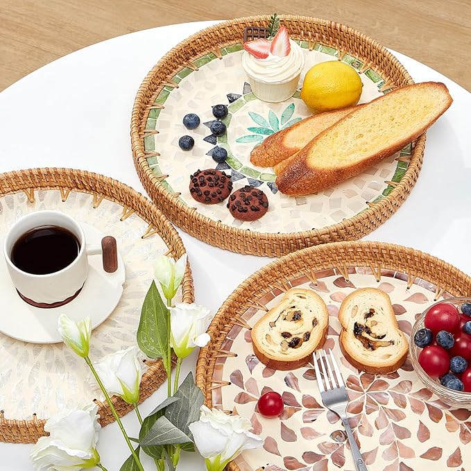 Round Rattan Tray with Mother of Pearl Inlay, Rattan Serving Tray with Wooden - Image 2
