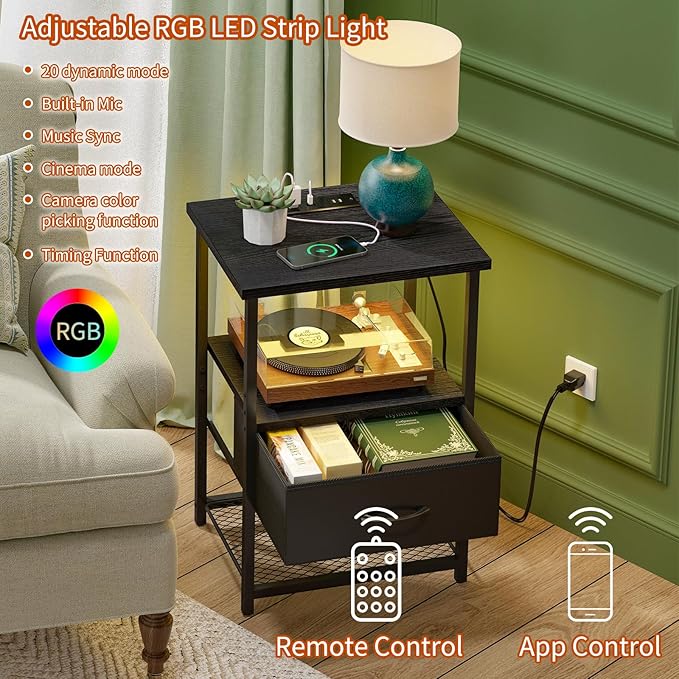 Fixwal Night Stand with Charging Station, LED Nightstand Side Table with Fabric - Image 4