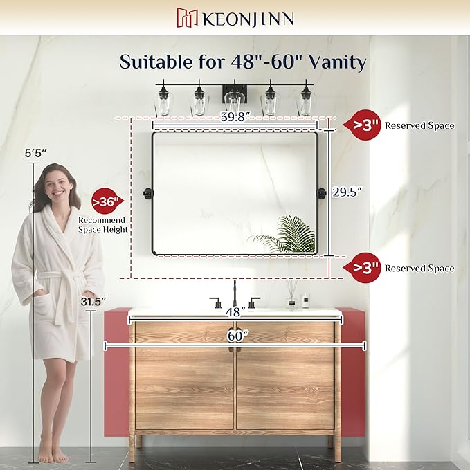 Keonjinn 40 x 30 Inch Large Pivot Mirror, Brushed Nickel Pivot Mirror Bathroom - Image 5