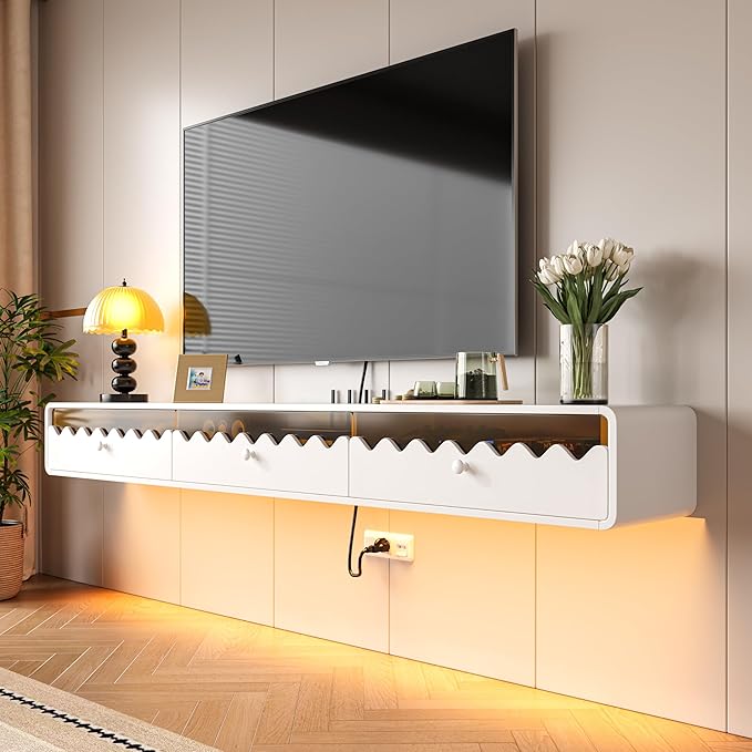 Floating TV Stand, 86IN Fully-Assembled Wall Mounted Wave Glass - Image 9