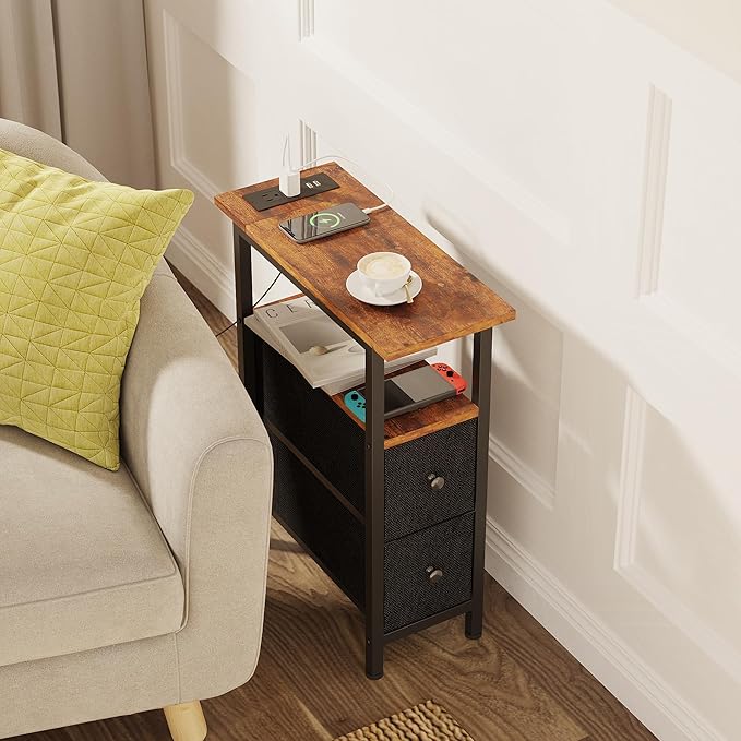 End Table with Charging Station, Narrow Side Table with 2 Fabric Drawers - Image 7