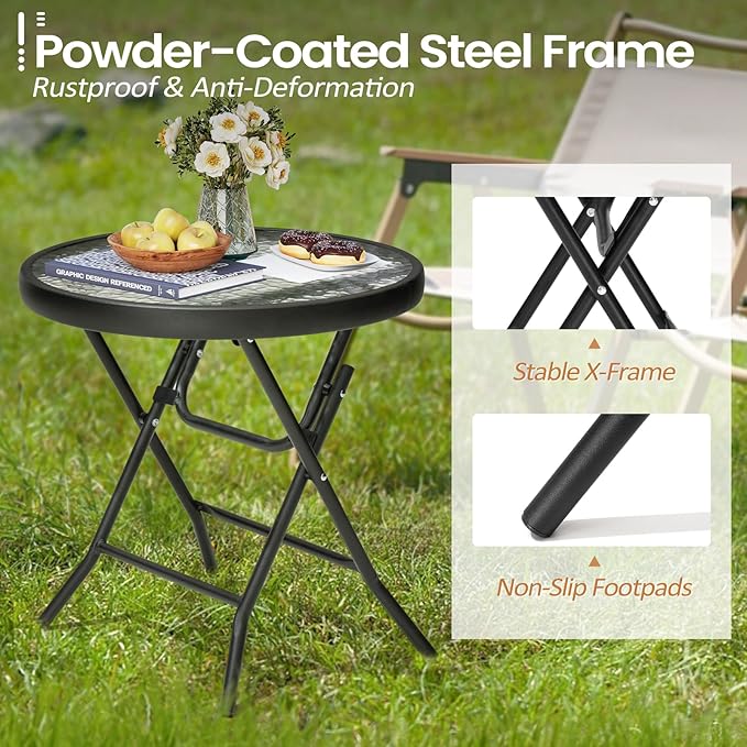 Foldable Side Table with Tempered Glass Top 18" Outdoor Folding Side Tables - Image 4