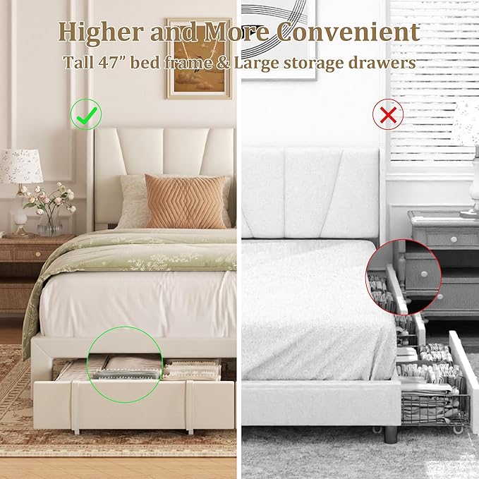 Full Bed Frame with Storage Drawers, Upholstered Platform Bed with Headboard - Image 6