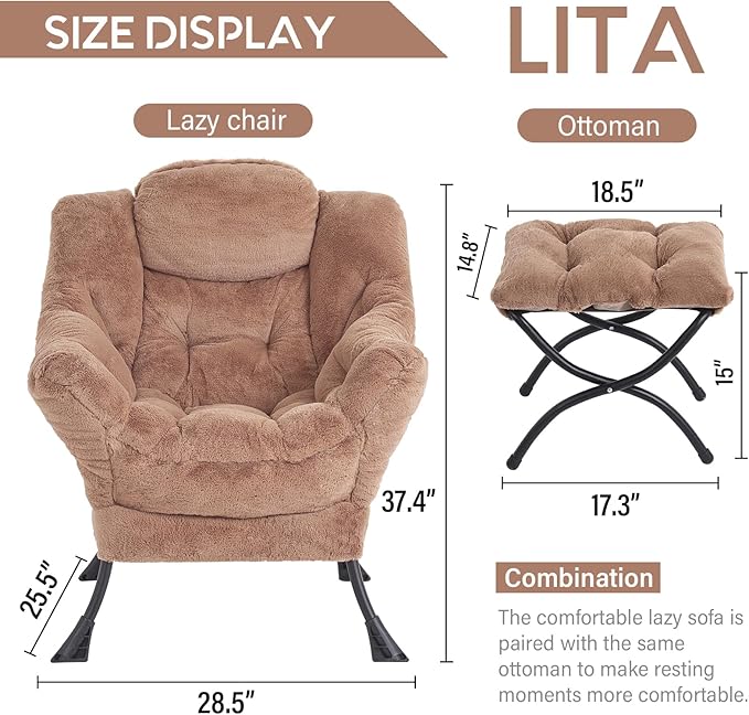 LITA Lazy Chair with Ottoman, Modern Accent Leisure Upholstered Sofa Chair - Image 3