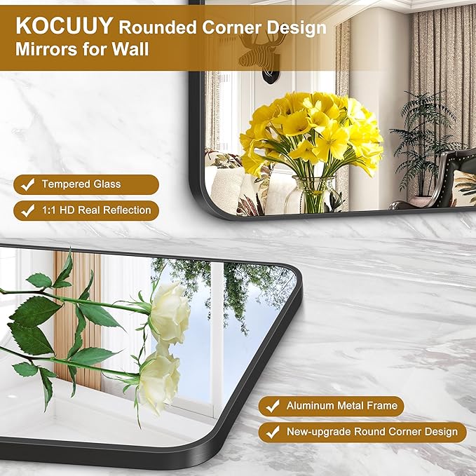 KOCUUY 55x36 Black Bathroom Mirror, Large Matte Black Vanity Mirror, Tempered - Image 7