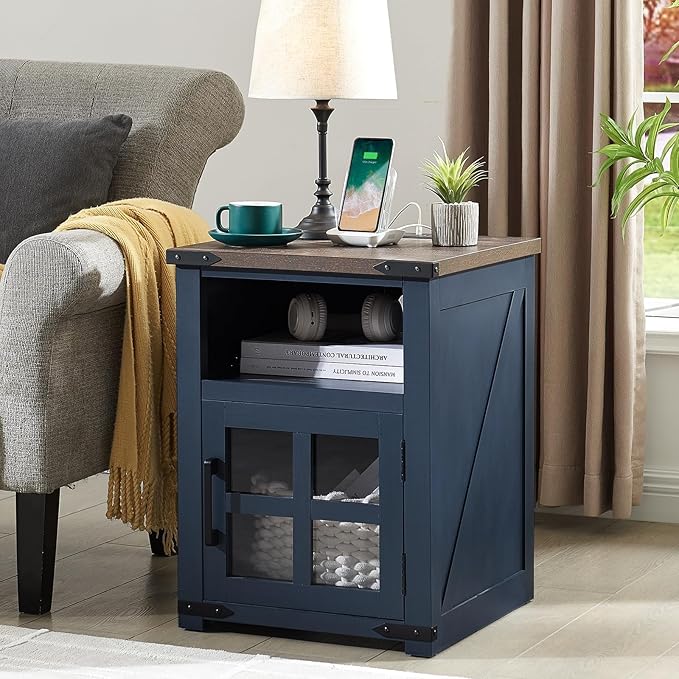 Farmhouse Nightstand with Charging Station, Rustic End Table with Tempered - Image 2