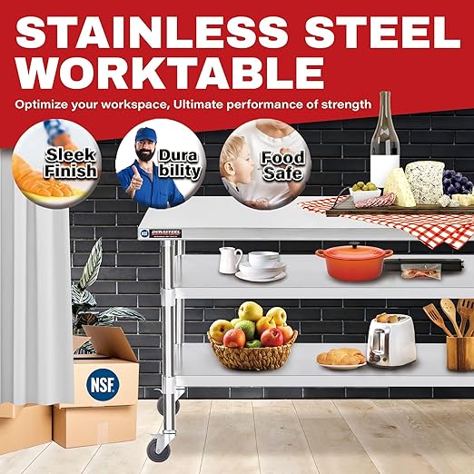 DuraSteel Stainless Steel Work Table 30" x 60" x 34" Height w/ 4 Caster Wheels - Image 3