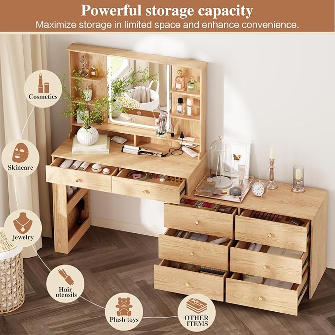 Large Makeup Vanity Desk with Mirror and Lights, Vanity Desk with 8 Drawers & - Image 2