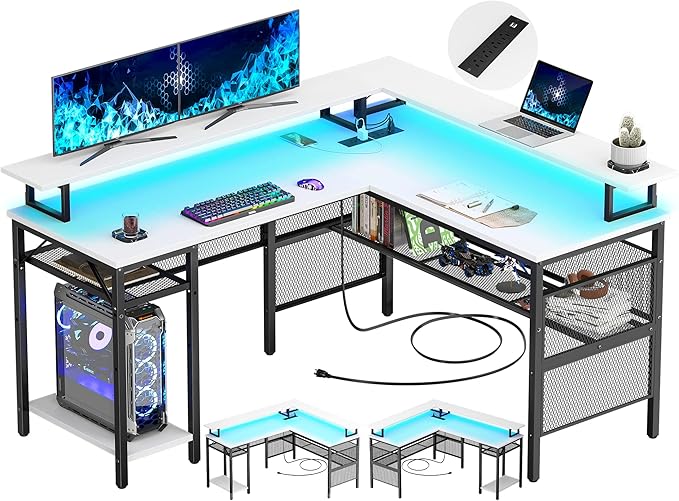 Unikito L-Shaped Desk with LED Strip and Power Outlets, Reversible Corner by Unikito