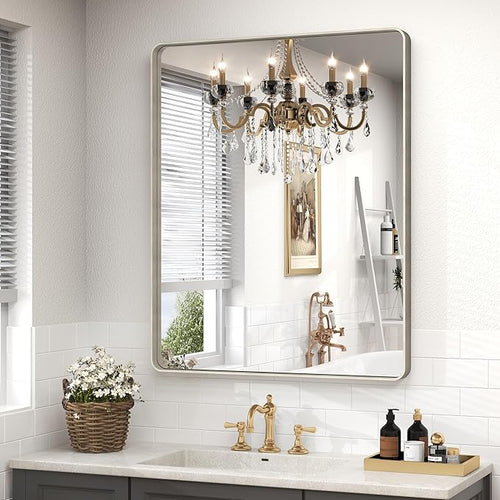 28x32 Silver Bathroom Mirror for Wall, Brushed Metal Framed Bathroom Vanity by CHARMOR