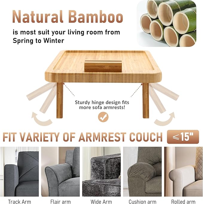 SINWANT Couch Arm Tray Table, Large Bamboo Couch Armrest Table - Image 3