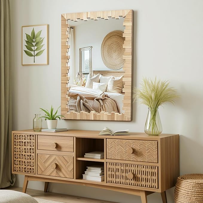 Boho Wall Mirror with Wood Frame, Living Room - Image 6
