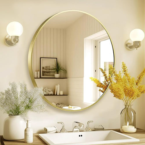 28 inch Gold Frame Mirror for Wall, Brushed Matte Gold Metal Round Mirror for - Image 2